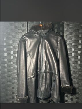 Marc New York Black Leather Hooded Jacket with Fur Trim